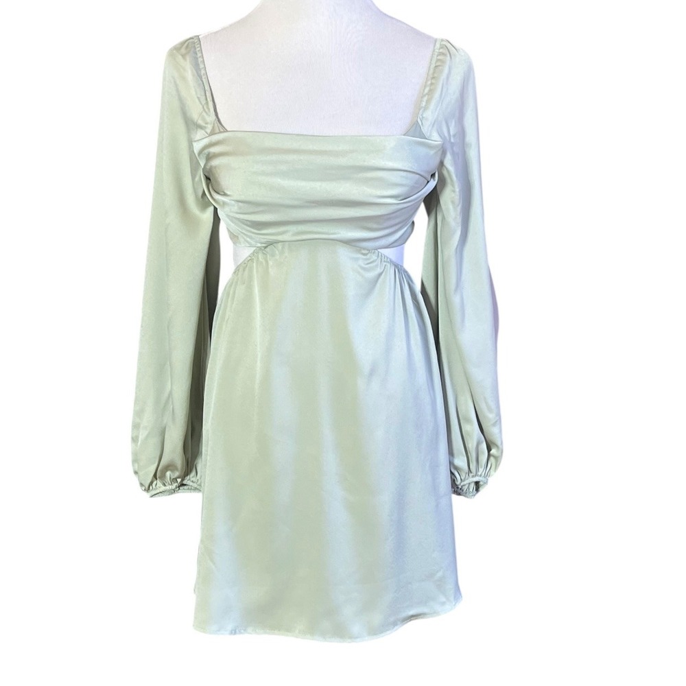 Hello Molly Sage Green Satin Cutout Mini Dress AD03271 Long Sleeve XS US 2